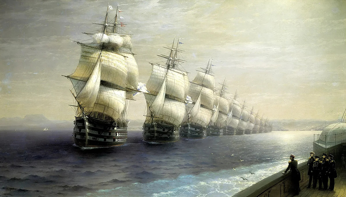 Фоторепродукция картины И. К. Айвазовского «Смотр Черноморского флота в 1849 году». Художник Иван Айвазовский, дата создания 1886 год. Общественное достояние. Источник: wikimedia.org